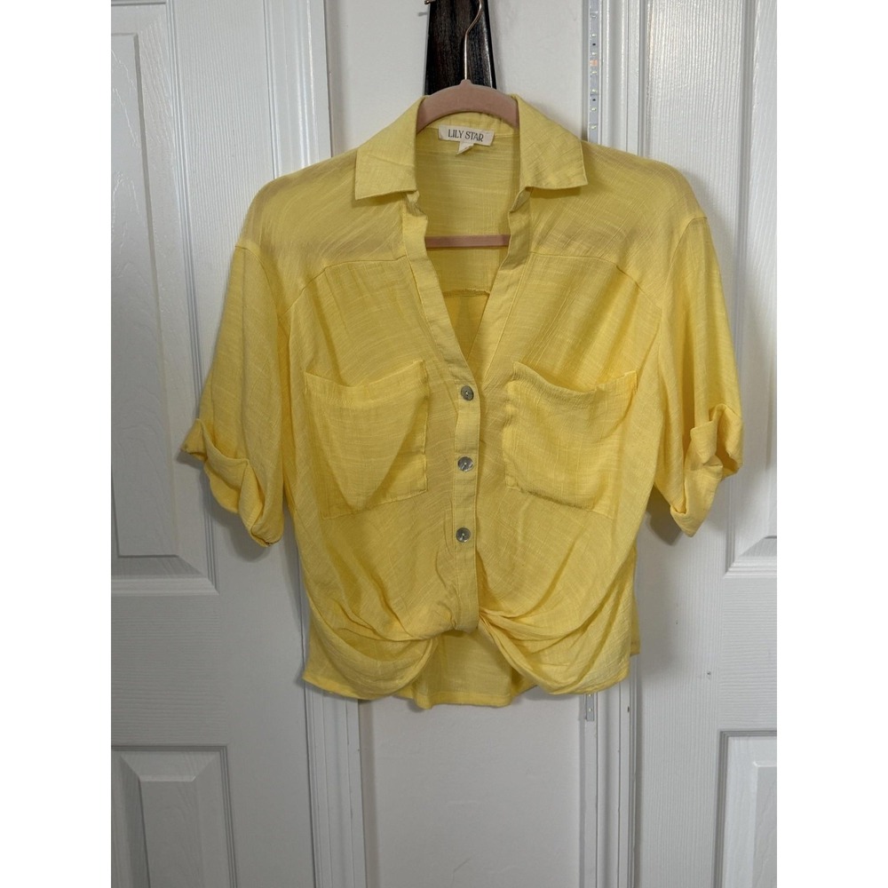 Lily Star Womens S Yellow Short Sleeve Sheer Cropped Blouse MA0681114LS - Picture 10 of 12
